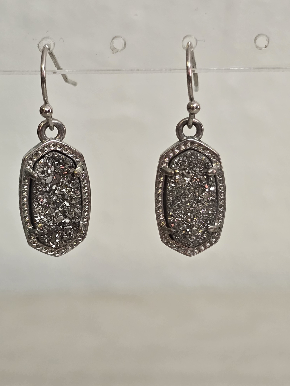 Kendra Scott Lee Silver Drop Earrings Platinum Drusy Sparkle